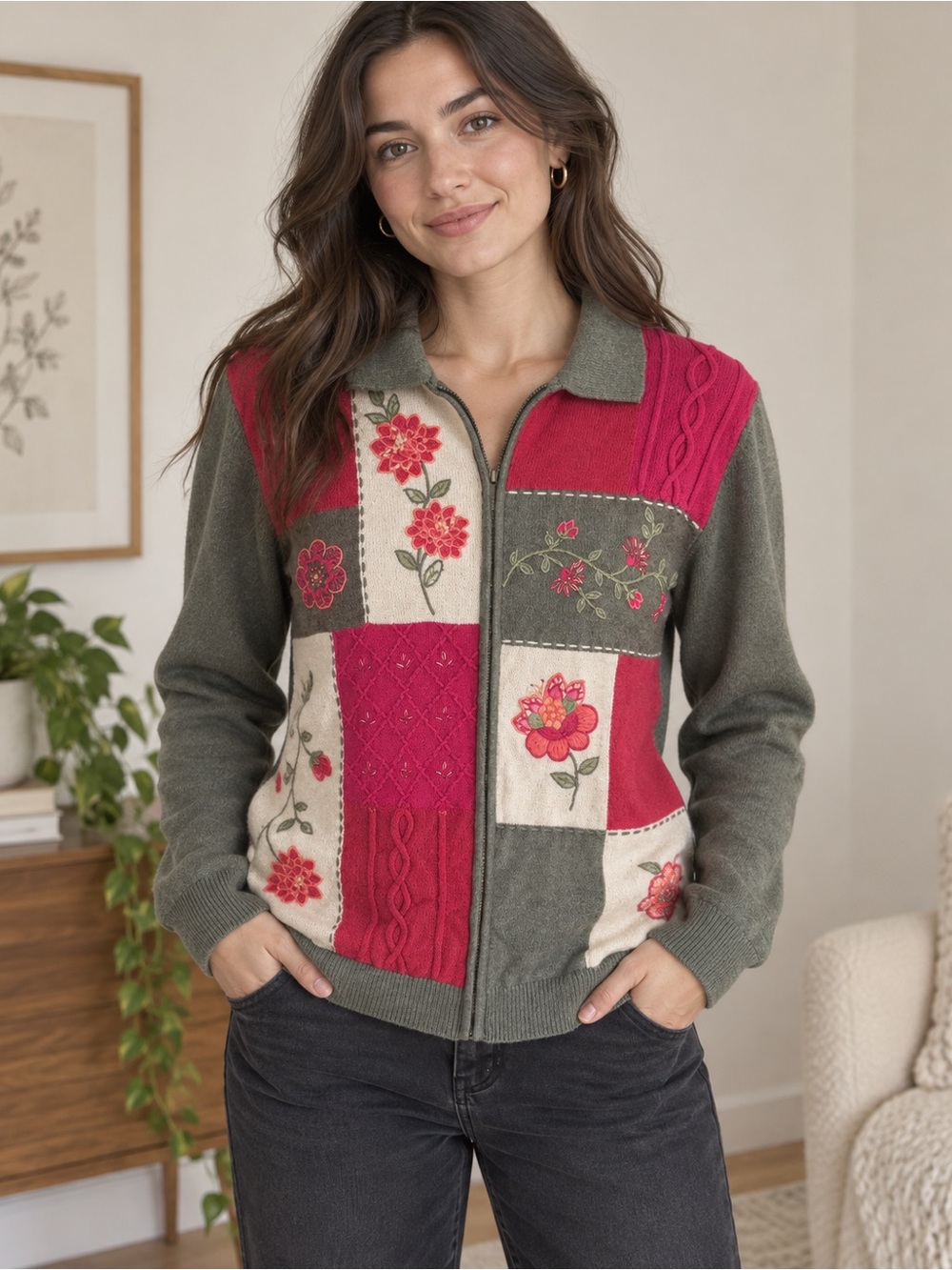 EAlfred Dunner L embroidered patchwork Zip Cardigan Sweater Ramie Cotton Floral